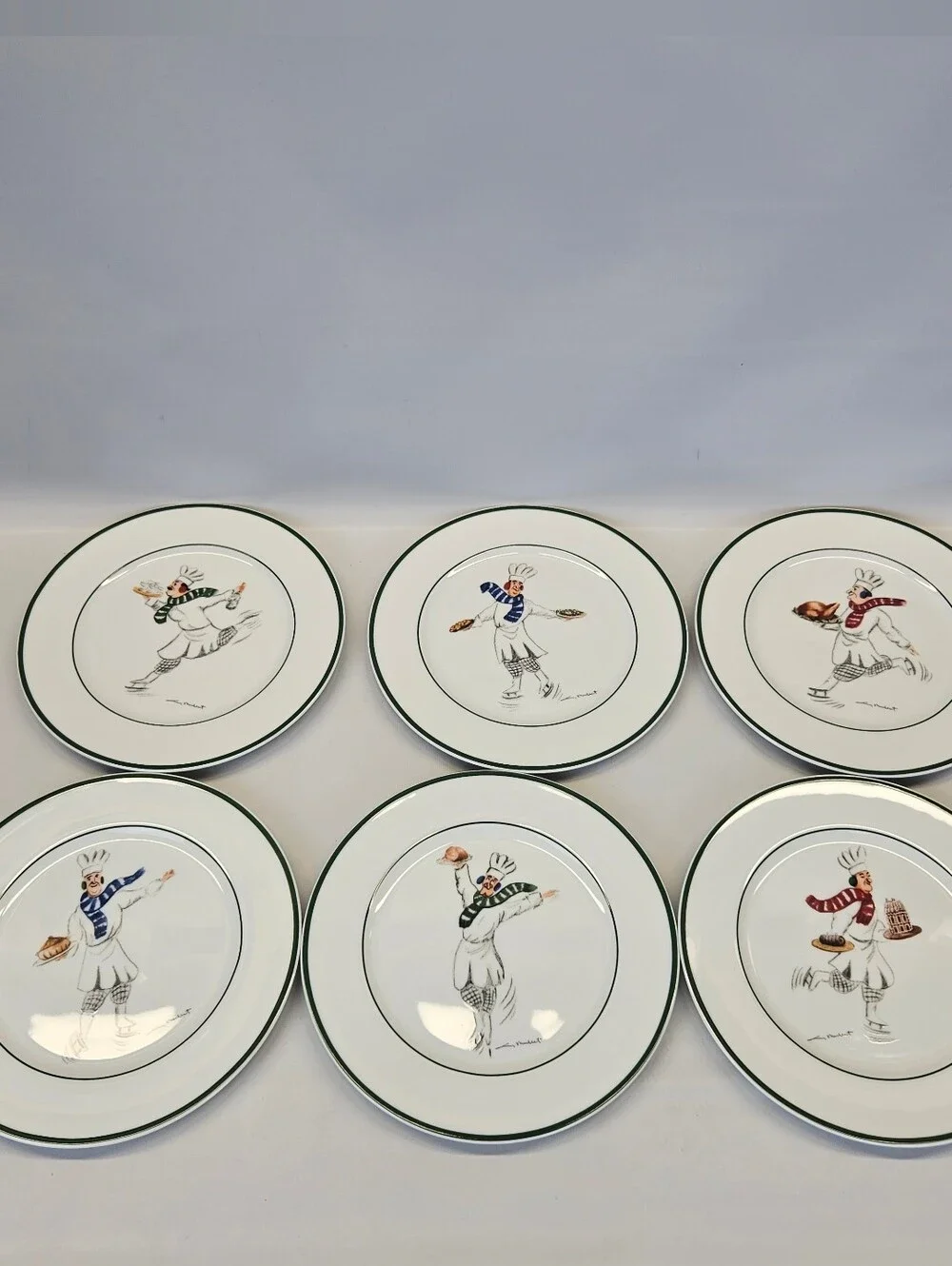 WILLIAMS SONOMA Guy Buffet Skating Chefs Salad Dessert Plates- Set of 6 With Box
